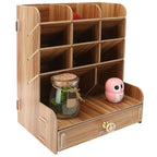 Wood Desktop Bookshelf Multi Function Pen Holder Stationery Box for Home Office Use(Cherry Wood Color )