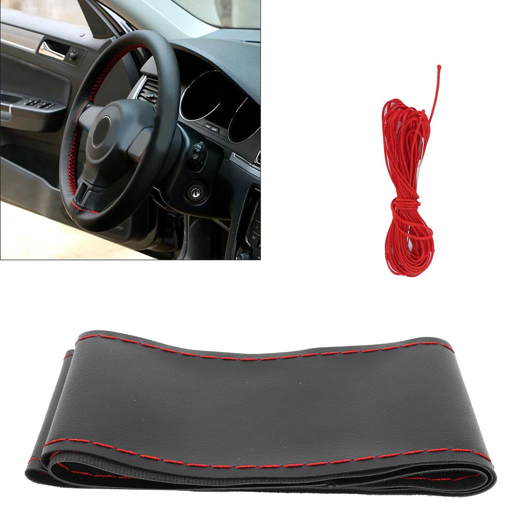Universal Steering Wheel Cover with Needle Thread Protector for External Diameter of 3738cm(Black Red Thread )
