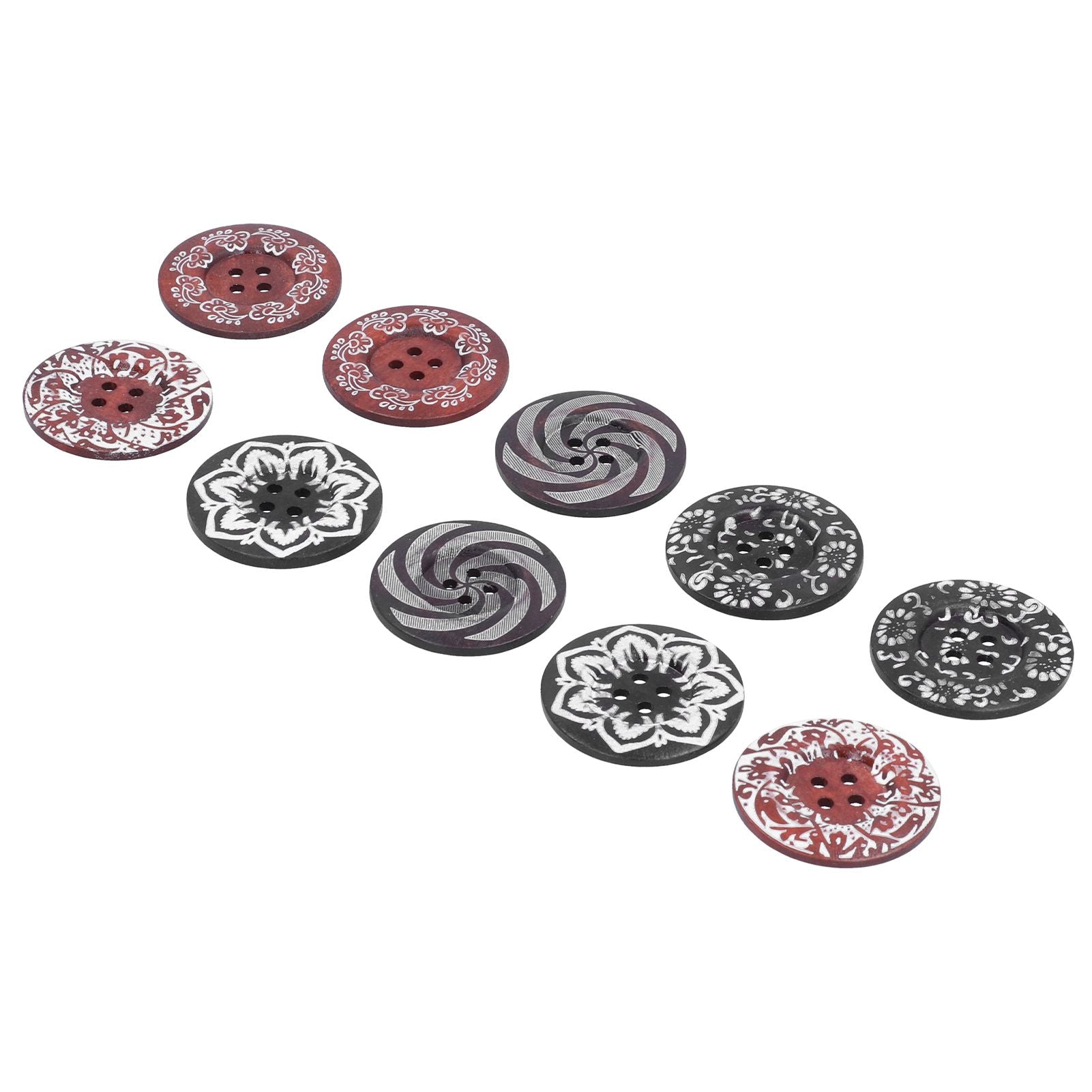 10Pcs Round Buttons Mixed Pattern Carving 4‑Holes Button DIY Art Crafts Supplies