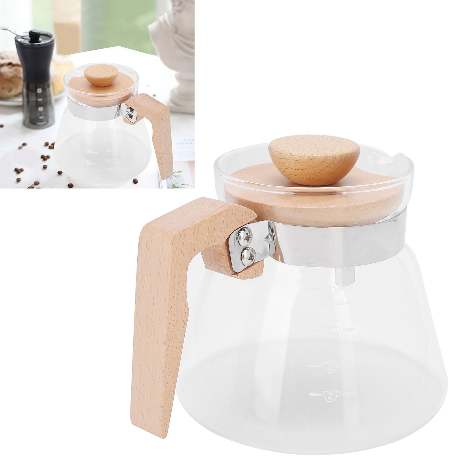 Pour Over Coffee Maker 600ml Glass Coffee Server Pot with Wooden Handle Lid for Home Office
