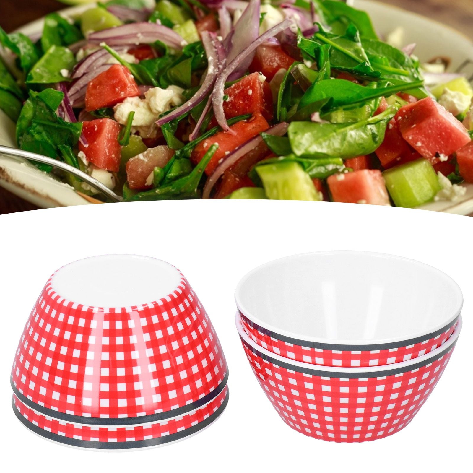 4PCS 6in Salad Bowl Dinner Serving Bowl Sets Kitchen Imitation Porcelain DinnerwareRed Grids