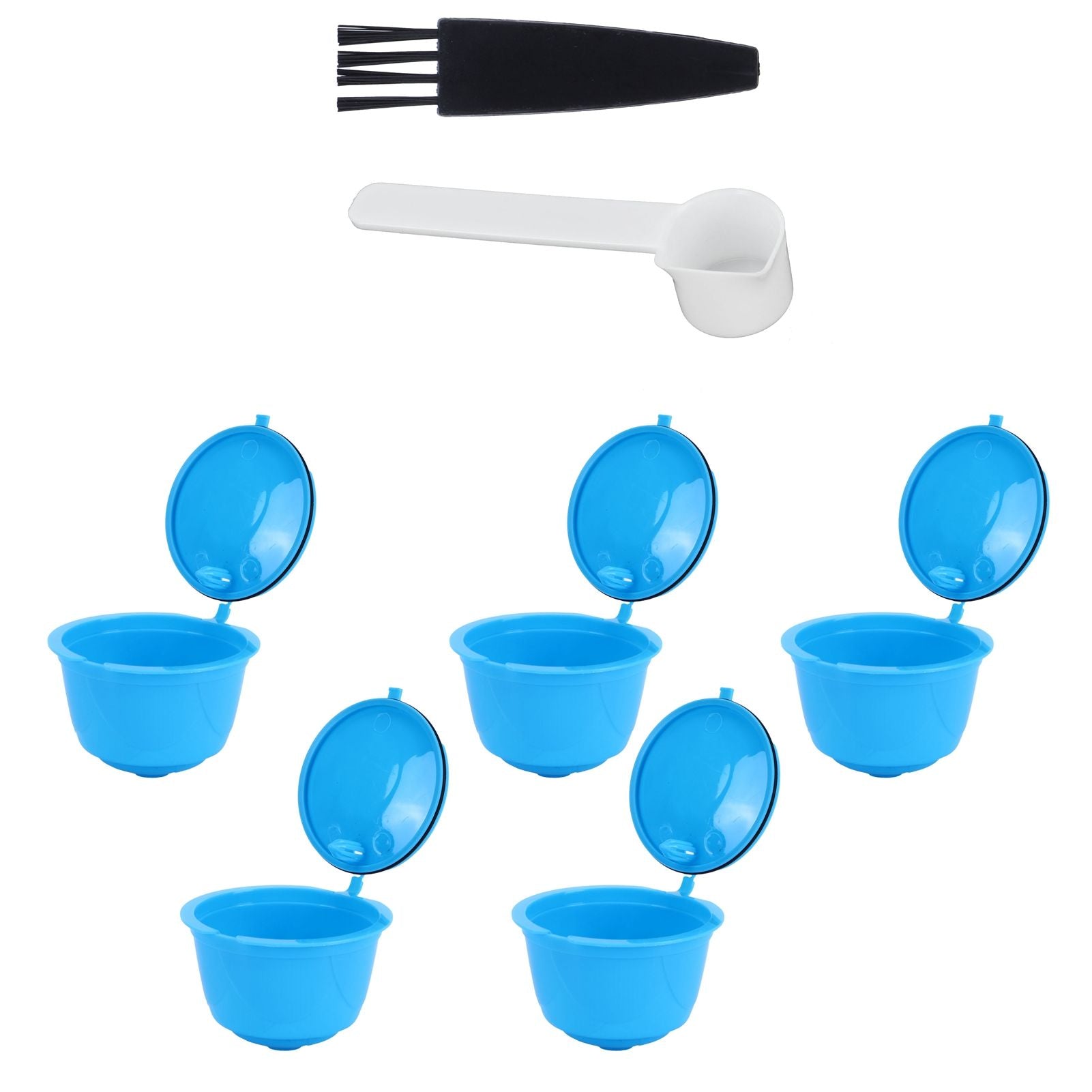 Refillable Coffee Capsule Filter Cup Kit Accessories for DOLCE GUSTO Coffee Machine(Blue 5 Capsules1 Spoon 1 Brush)