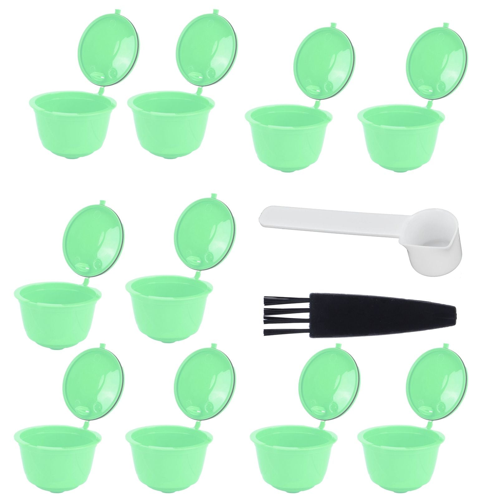 Coffee Capsule Set Stainless Steel Coffee Filter Cup for DOLCE GUSTO Coffee Machine(Green 10 Capsules1 Spoon 1 Brush)
