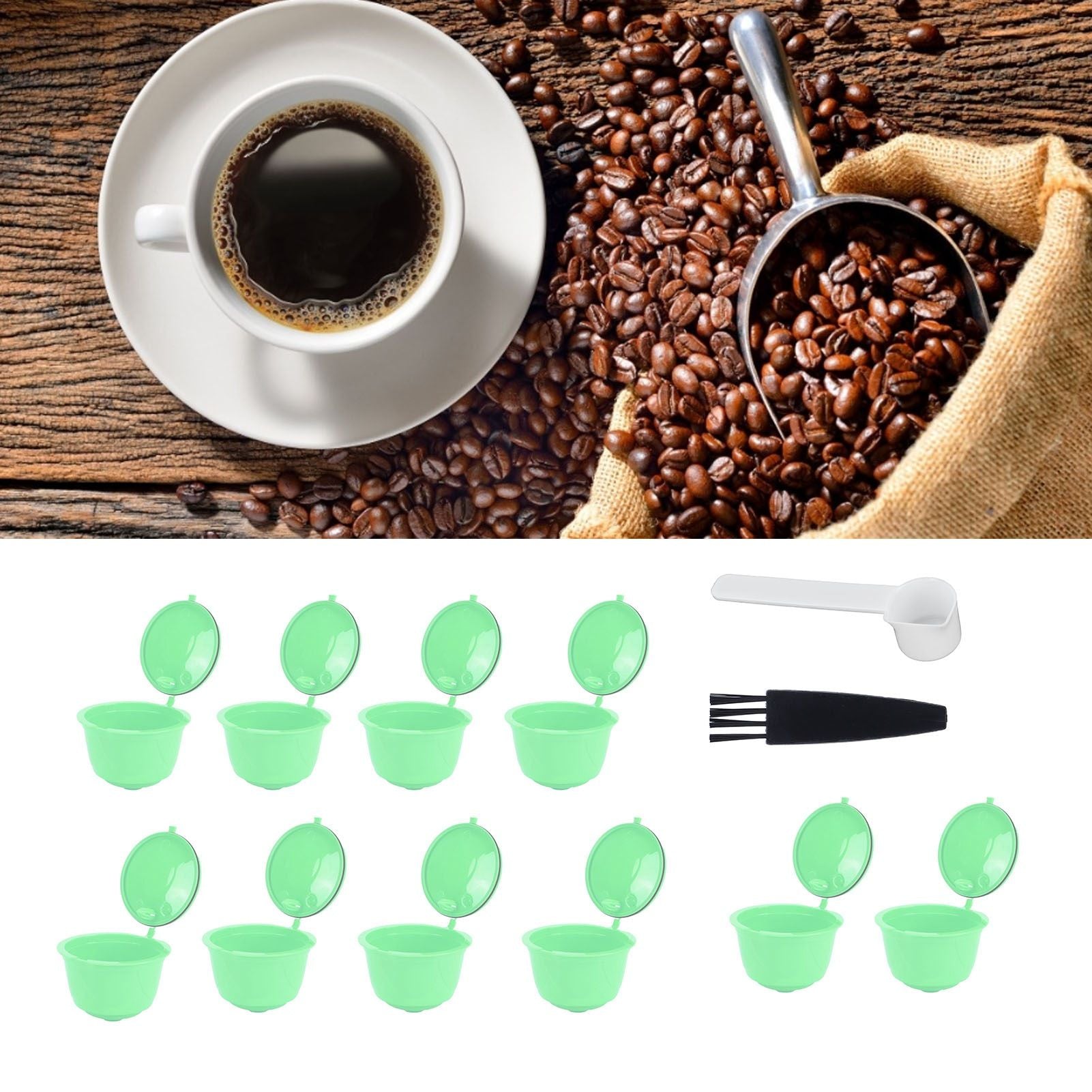 Coffee Capsule Set Stainless Steel Coffee Filter Cup for DOLCE GUSTO Coffee Machine(Green 10 Capsules1 Spoon 1 Brush)