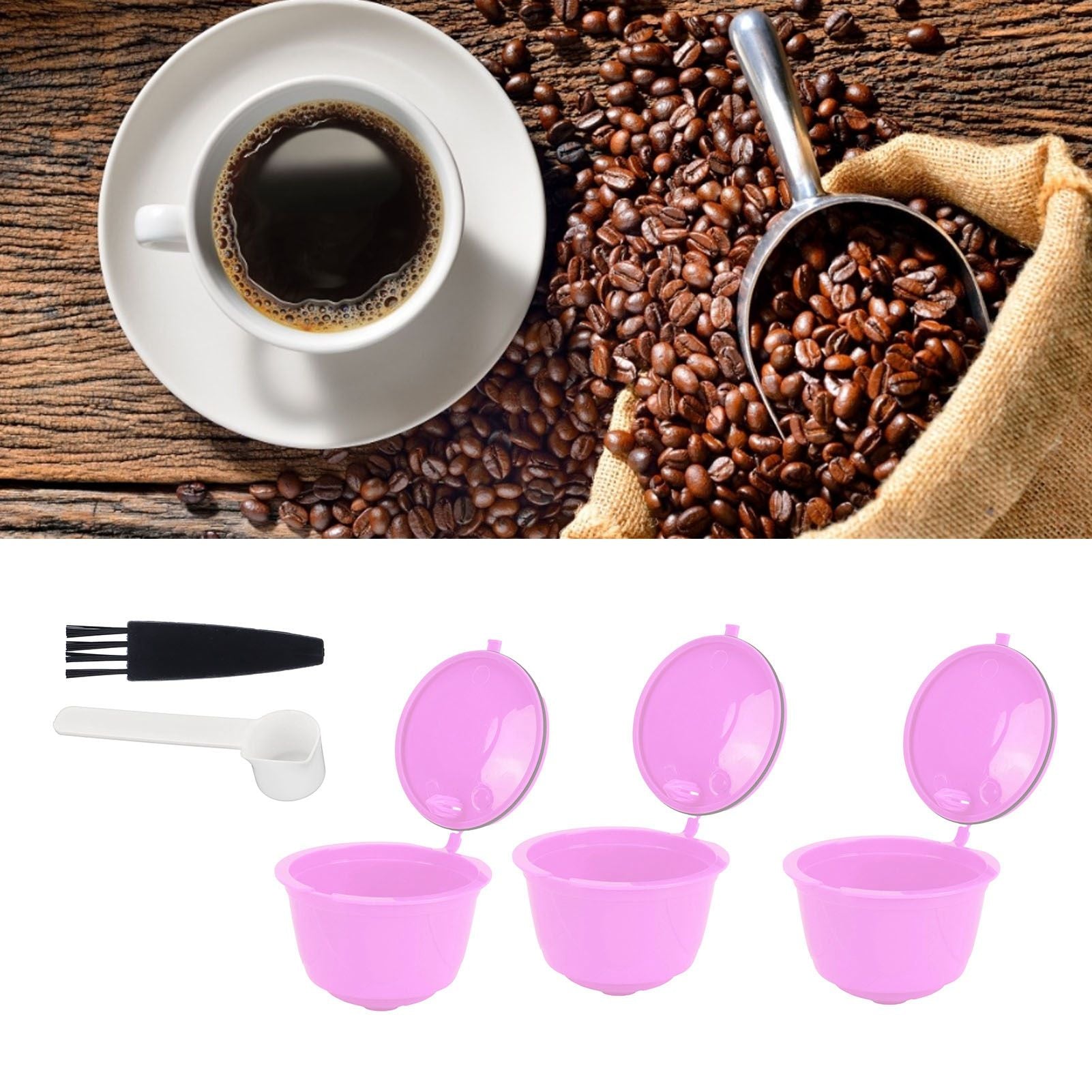 Reusable Capsules Set Refillable Coffee Filter Cup Pod for DOLCE GUSTO Coffee Machine(Purple 3 Capsules1 Spoon 1 Brush)