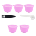 Reusable Capsules Set Refillable Coffee Filter Cup Pod for DOLCE GUSTO Coffee Machine(Purple 5 Capsules1 Spoon 1 Brush)