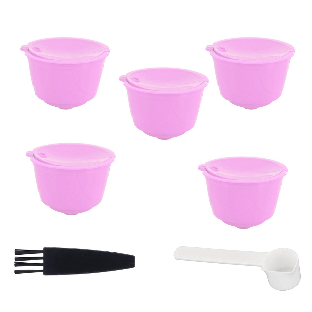 Reusable Capsules Set Refillable Coffee Filter Cup Pod for DOLCE GUSTO Coffee Machine(Purple 5 Capsules1 Spoon 1 Brush)