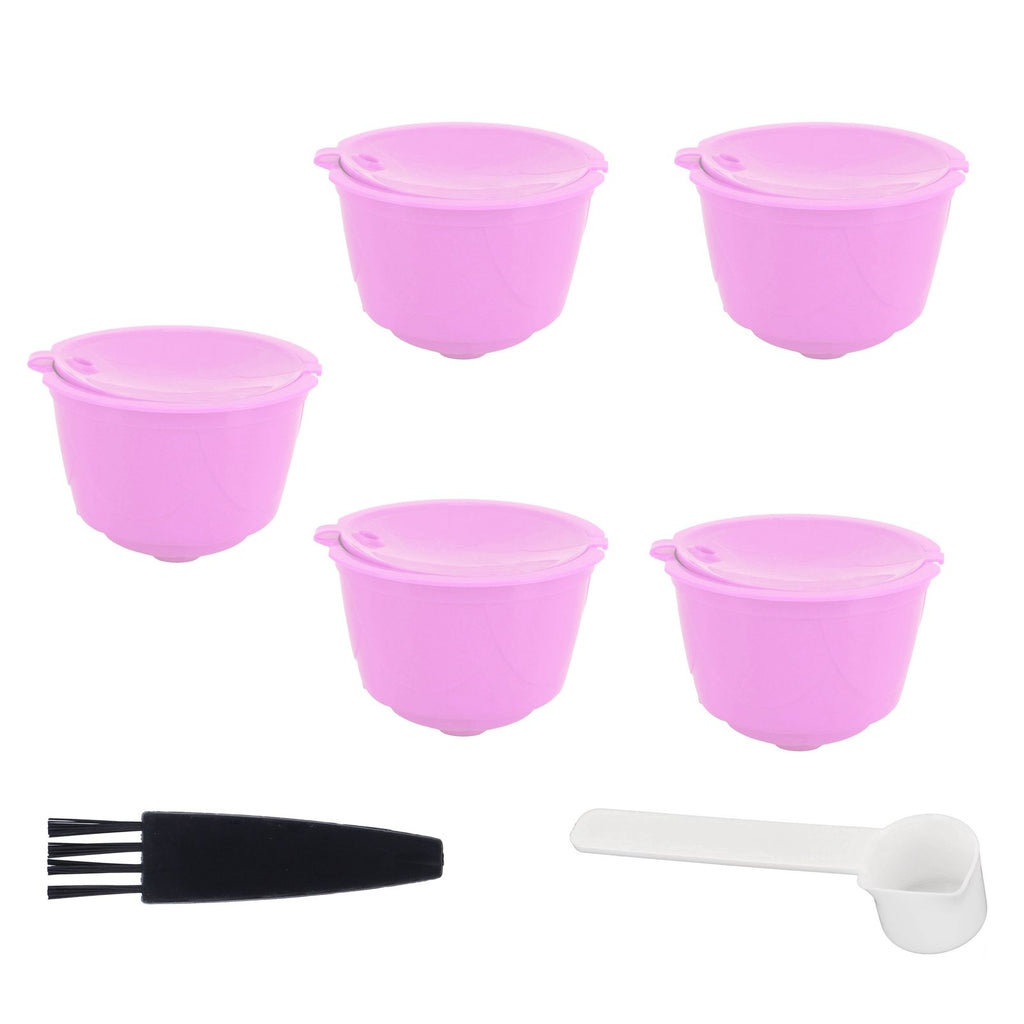 Reusable Capsules Set Refillable Coffee Filter Cup Pod for DOLCE GUSTO Coffee Machine(Purple 5 Capsules1 Spoon 1 Brush)