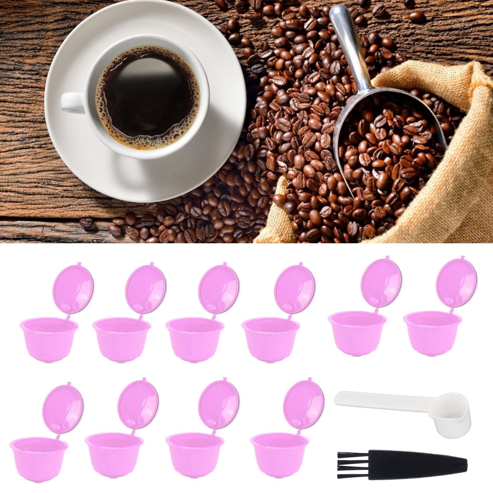 Reusable Capsules Set Refillable Coffee Filter Cup Pod for DOLCE GUSTO Coffee Machine(Purple 10 Capsules1 Spoon 1 Brush)