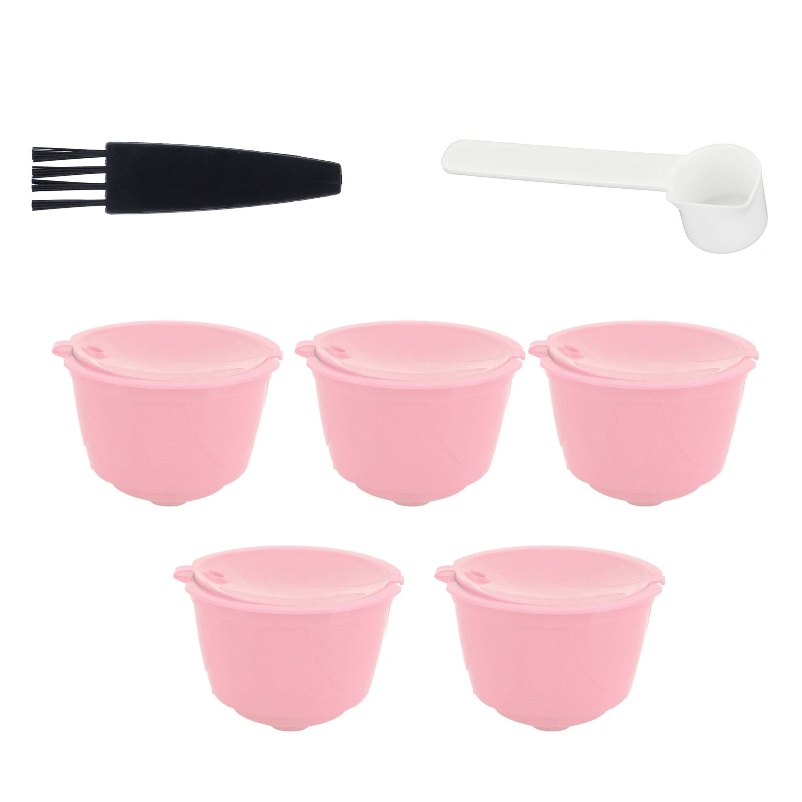 Coffee Capsules Reusable Refillable Coffee Filter Cup Kit Accessory for DOLCE GUSTO(Pink 5 Capsules1 Spoon 1 Brush)