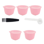 Coffee Capsules Reusable Refillable Coffee Filter Cup Kit Accessory for DOLCE GUSTO(Pink 5 Capsules1 Spoon 1 Brush)