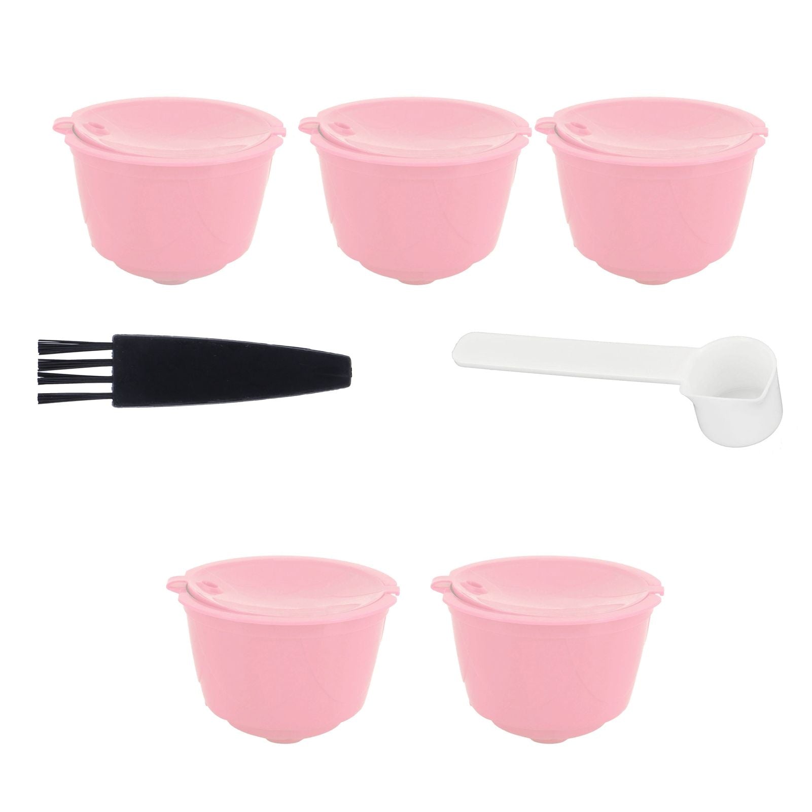 Coffee Capsules Reusable Refillable Coffee Filter Cup Kit Accessory for DOLCE GUSTO(Pink 5 Capsules1 Spoon 1 Brush)