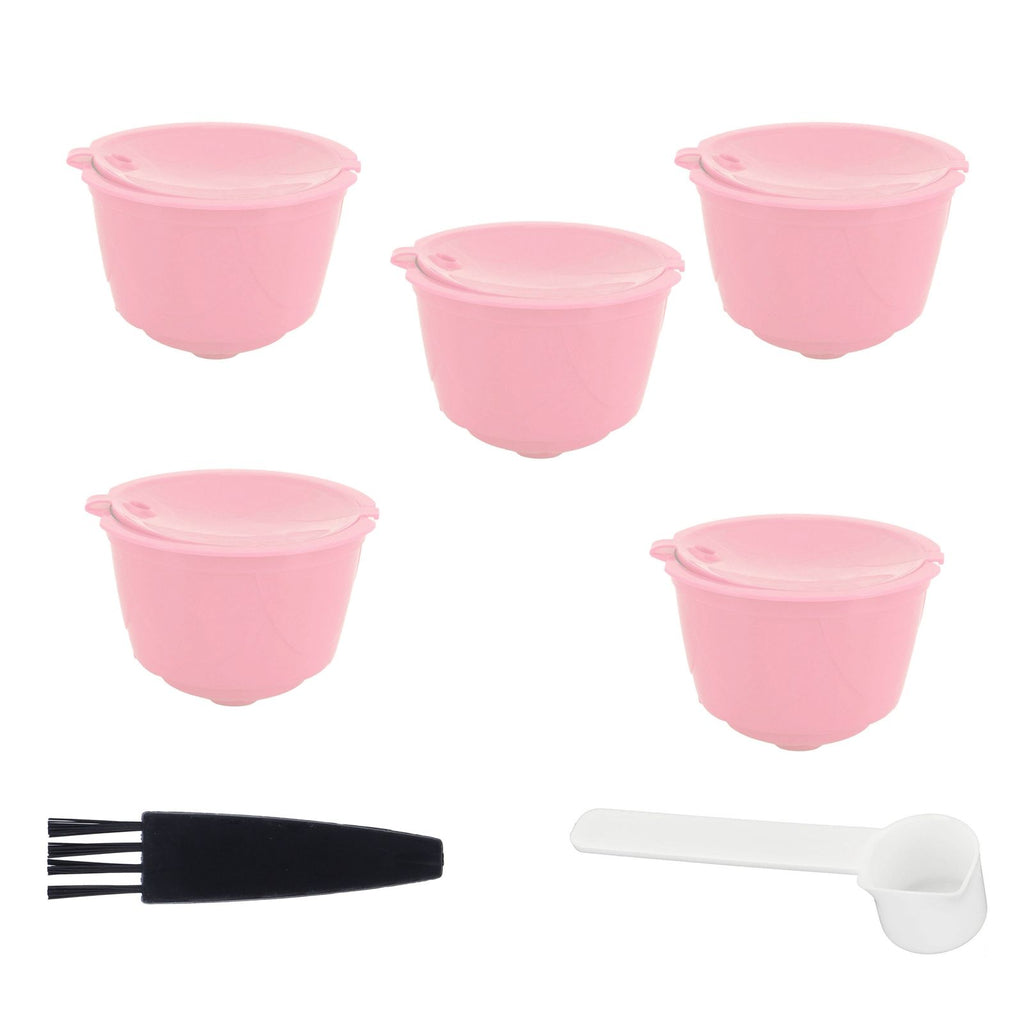 Coffee Capsules Reusable Refillable Coffee Filter Cup Kit Accessory for DOLCE GUSTO(Pink 5 Capsules1 Spoon 1 Brush)