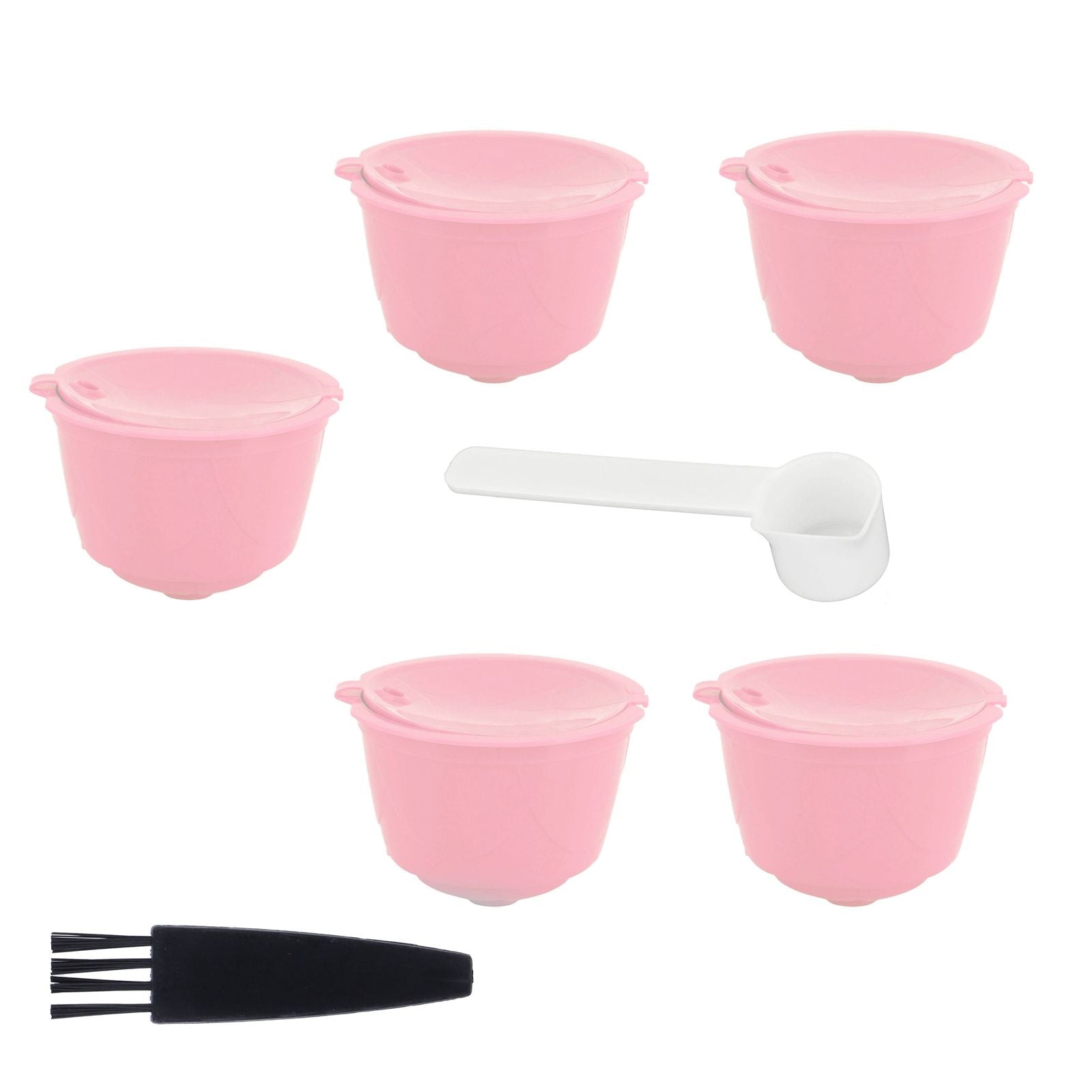 Coffee Capsules Reusable Refillable Coffee Filter Cup Kit Accessory for DOLCE GUSTO(Pink 5 Capsules1 Spoon 1 Brush)