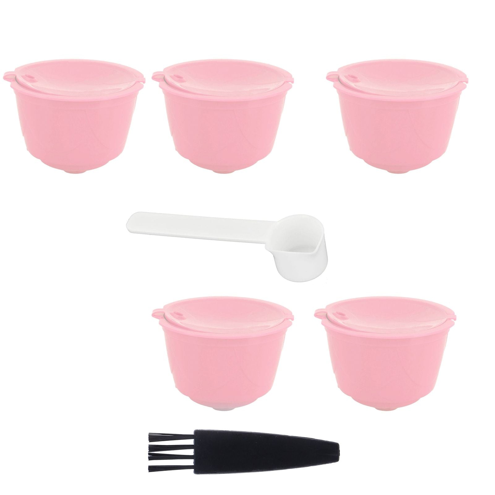 Coffee Capsules Reusable Refillable Coffee Filter Cup Kit Accessory for DOLCE GUSTO(Pink 5 Capsules1 Spoon 1 Brush)