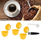 Coffee Machine Capsule Kit Reusable Coffee Filter Cup Accessories Fit for DOLCE GUSTO(Yellow 3 Capsules1 Spoon 1 Brush)