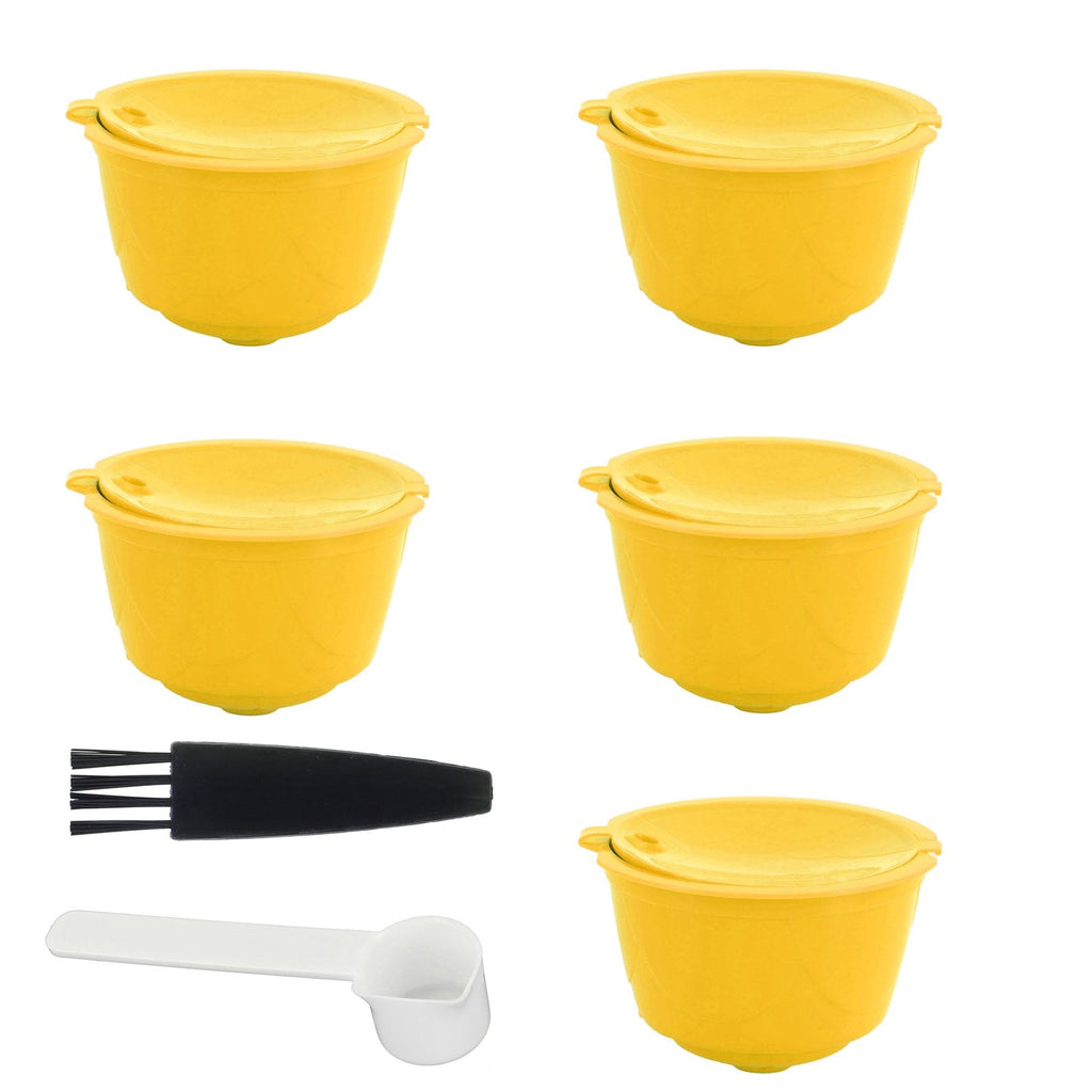 Coffee Machine Capsule Kit Reusable Coffee Filter Cup Accessories Fit for DOLCE GUSTO(Yellow 5 Capsules1 Spoon 1 Brush)
