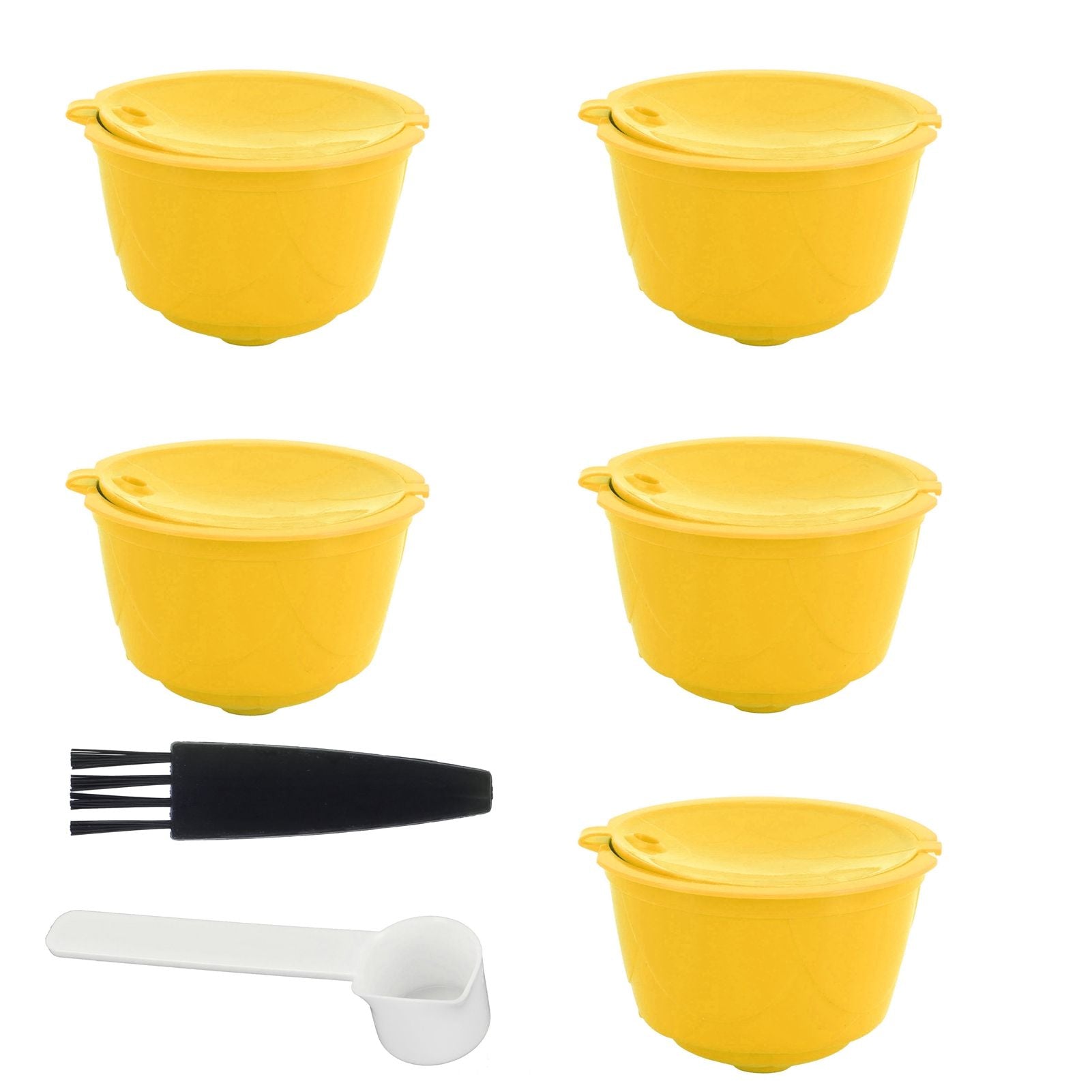 Coffee Machine Capsule Kit Reusable Coffee Filter Cup Accessories Fit for DOLCE GUSTO(Yellow 5 Capsules1 Spoon 1 Brush)
