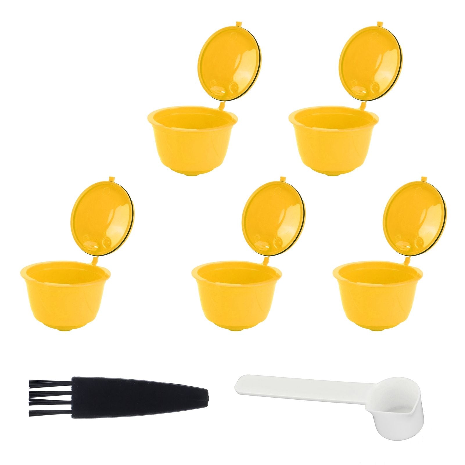 Coffee Machine Capsule Kit Reusable Coffee Filter Cup Accessories Fit for DOLCE GUSTO(Yellow 5 Capsules1 Spoon 1 Brush)