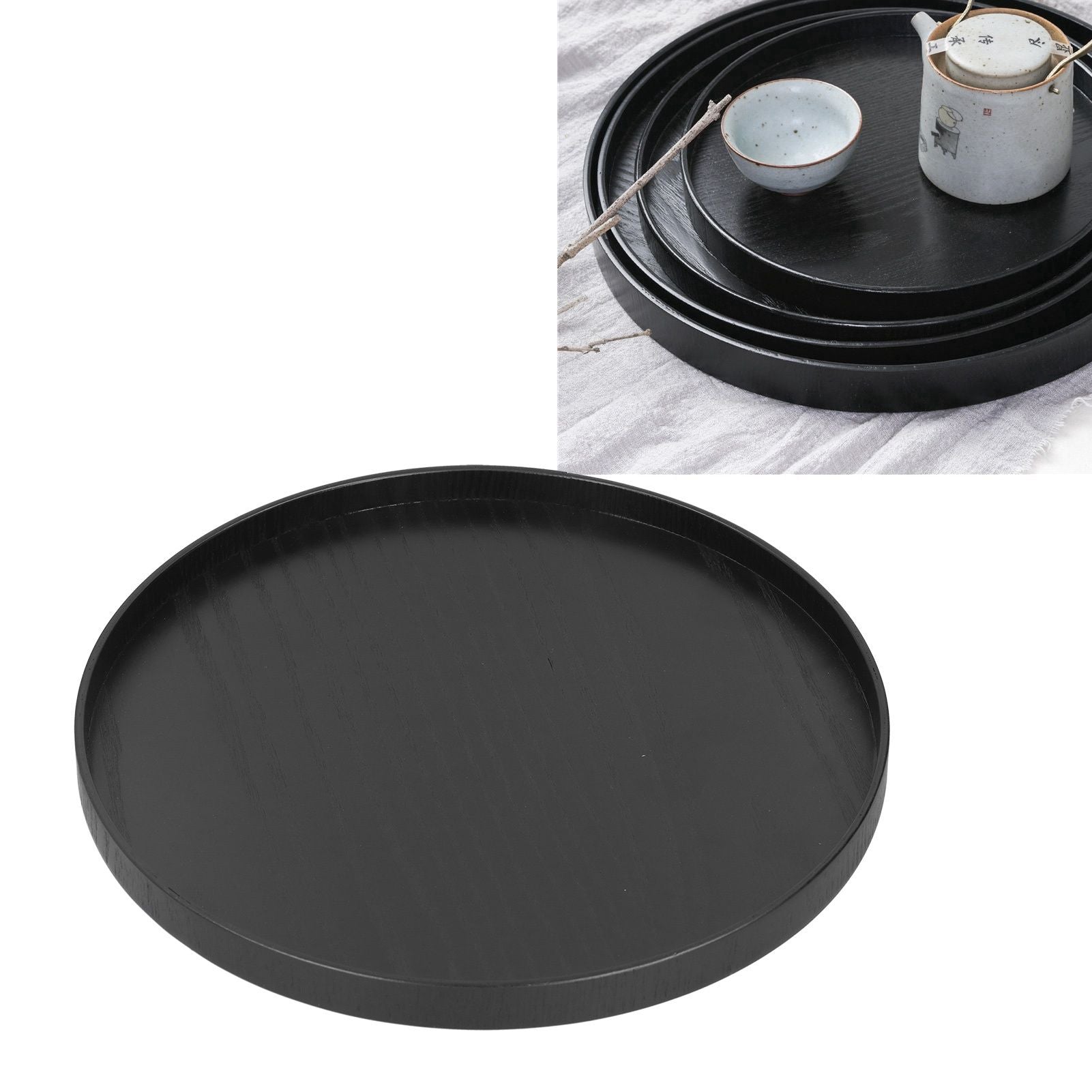 Round Wooden Food Fruit Serving Tray Service Plate for Home Kitchen Hotel Use Black24cm