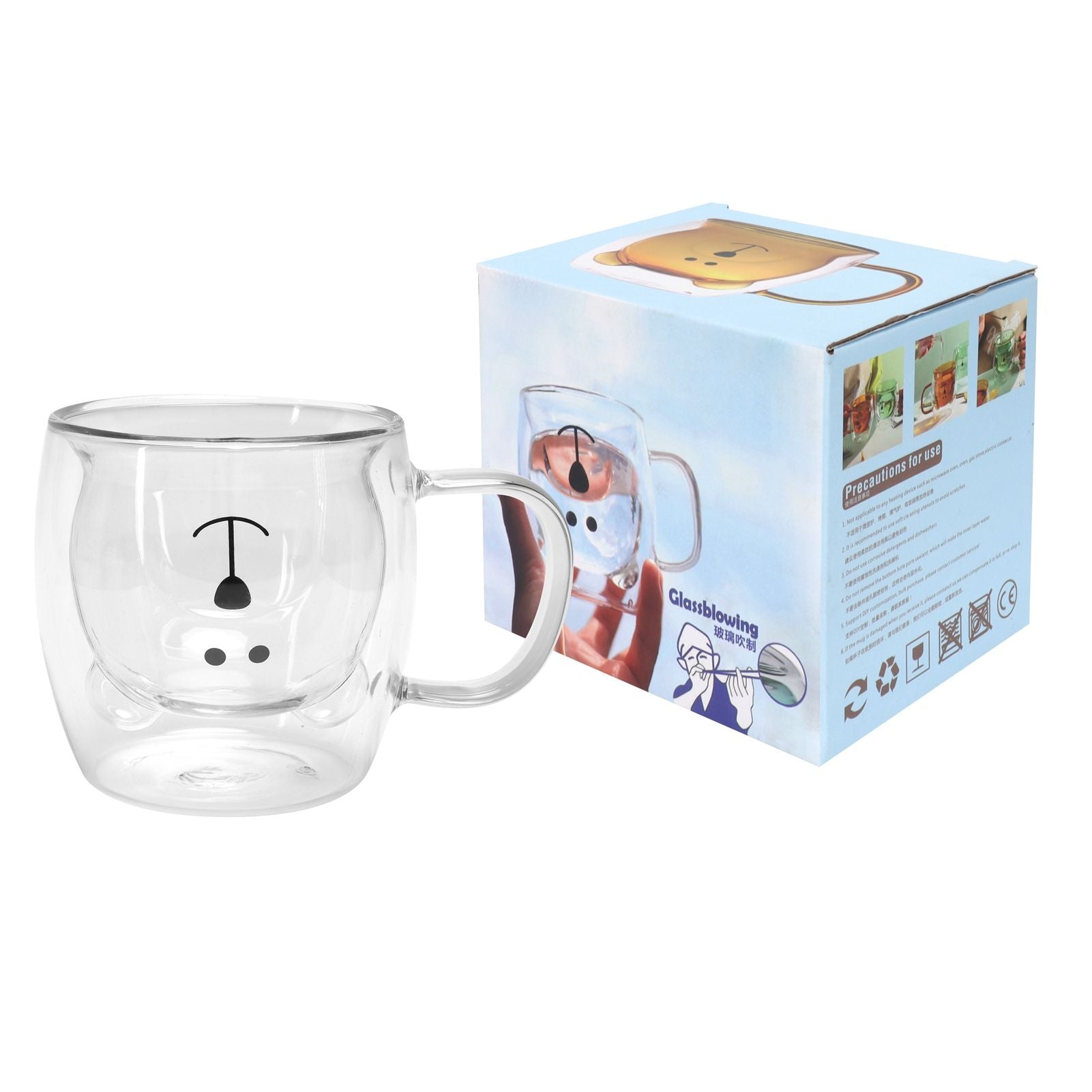 250ml Bear Shaped Glass Cup Double Wall Water Tea Coffee Milk Mug with Handle for HomeTransparent