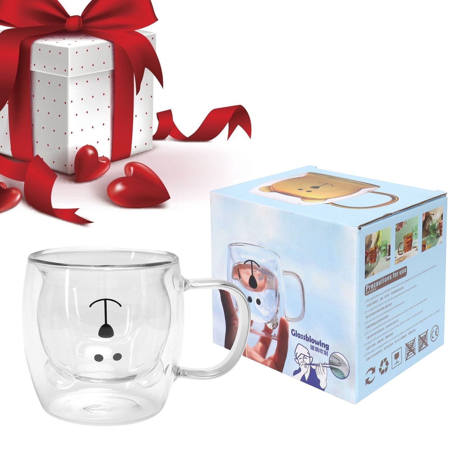250ml Bear Shaped Glass Cup Double Wall Water Tea Coffee Milk Mug with Handle for HomeTransparent