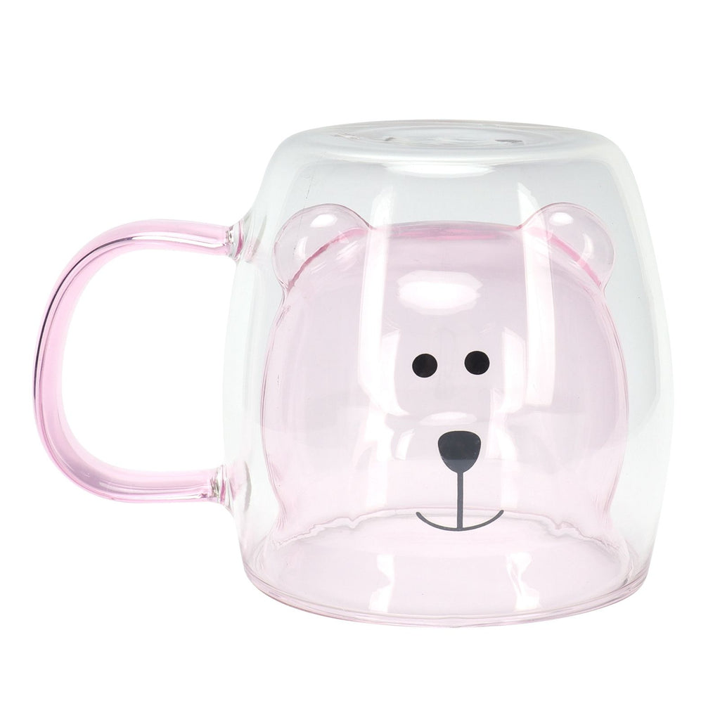 250ml Bear Shaped Glass Cup Double Wall Water Tea Coffee Milk Mug with Handle for HomePink
