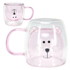250ml Bear Shaped Glass Cup Double Wall Water Tea Coffee Milk Mug with Handle for HomePink