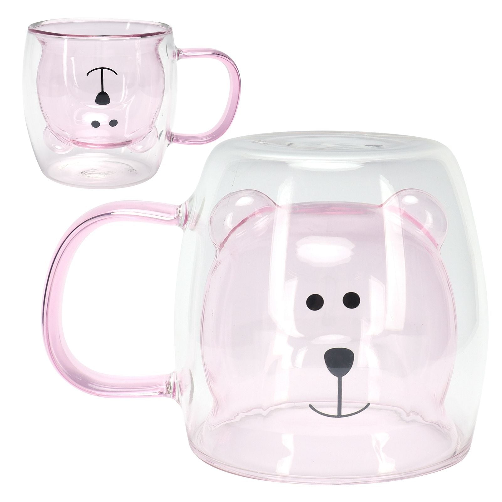 250ml Bear Shaped Glass Cup Double Wall Water Tea Coffee Milk Mug with Handle for HomePink