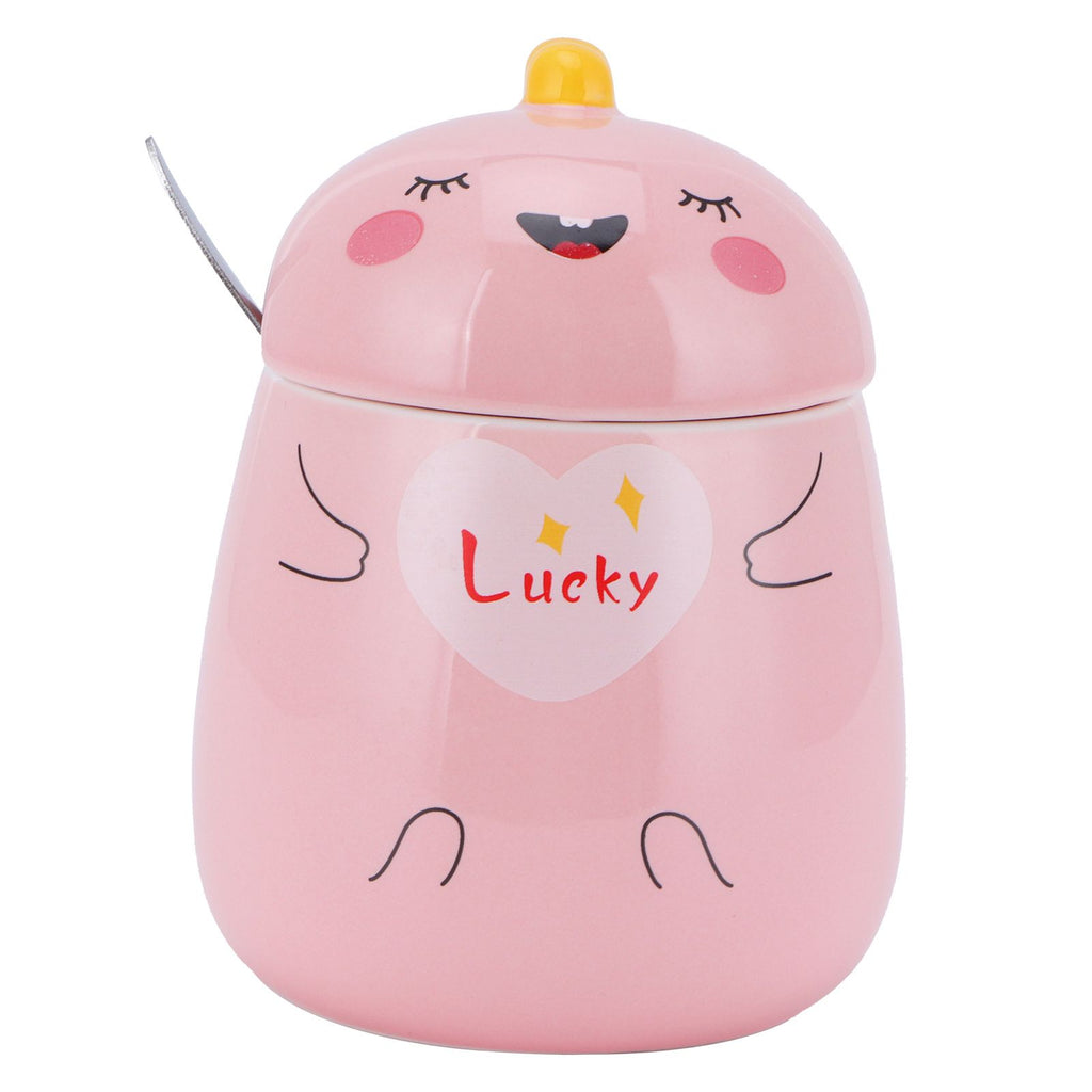 450ml Cute Ceramic Cup with Lid Spoon Water Cup Coffee Mug Girl Gift for Home OfficePink Lucky