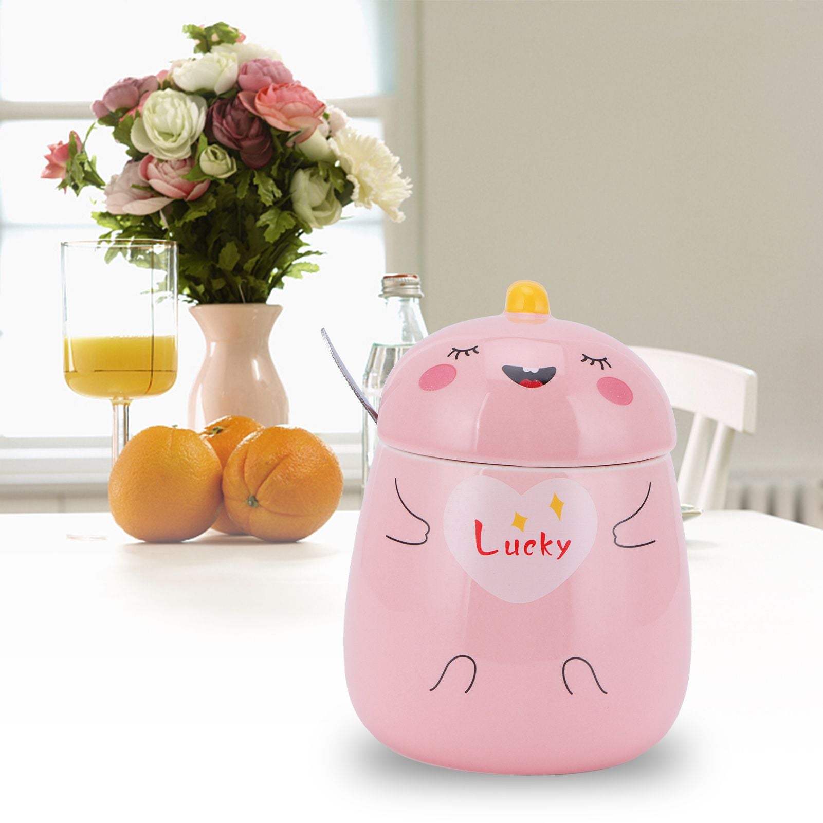 450ml Cute Ceramic Cup with Lid Spoon Water Cup Coffee Mug Girl Gift for Home OfficePink Lucky