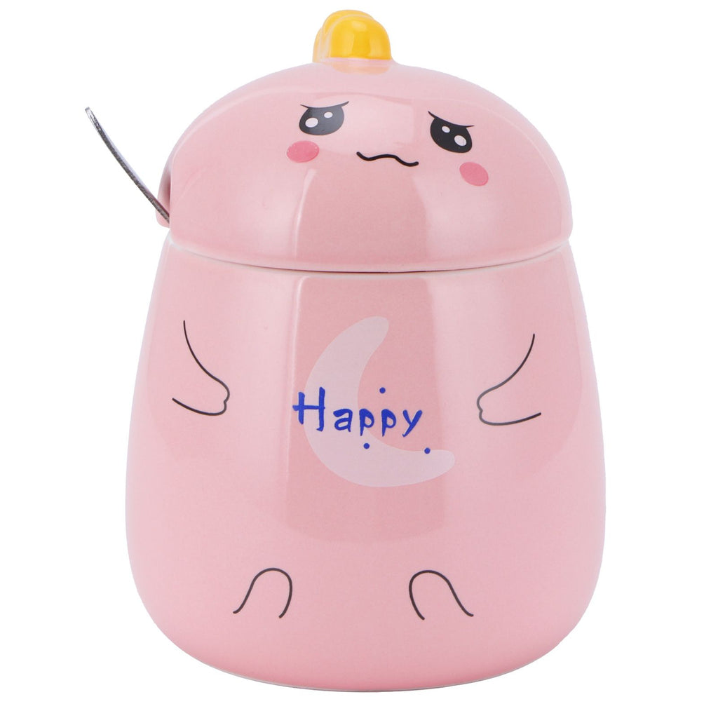 450ml Cute Ceramic Cup with Lid Spoon Water Cup Coffee Mug Girl Gift for Home OfficePink Happy