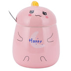 450ml Cute Ceramic Cup with Lid Spoon Water Cup Coffee Mug Girl Gift for Home OfficePink Happy