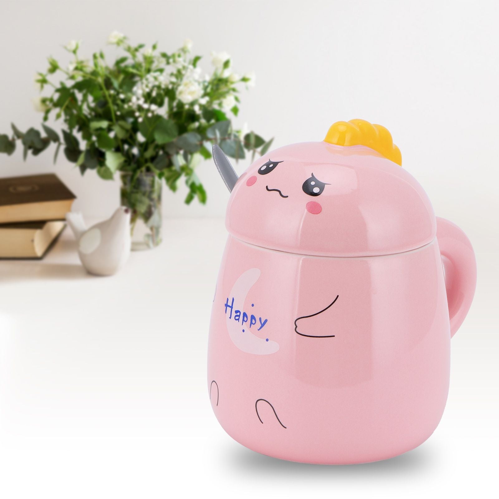 450ml Cute Ceramic Cup with Lid Spoon Water Cup Coffee Mug Girl Gift for Home OfficePink Happy