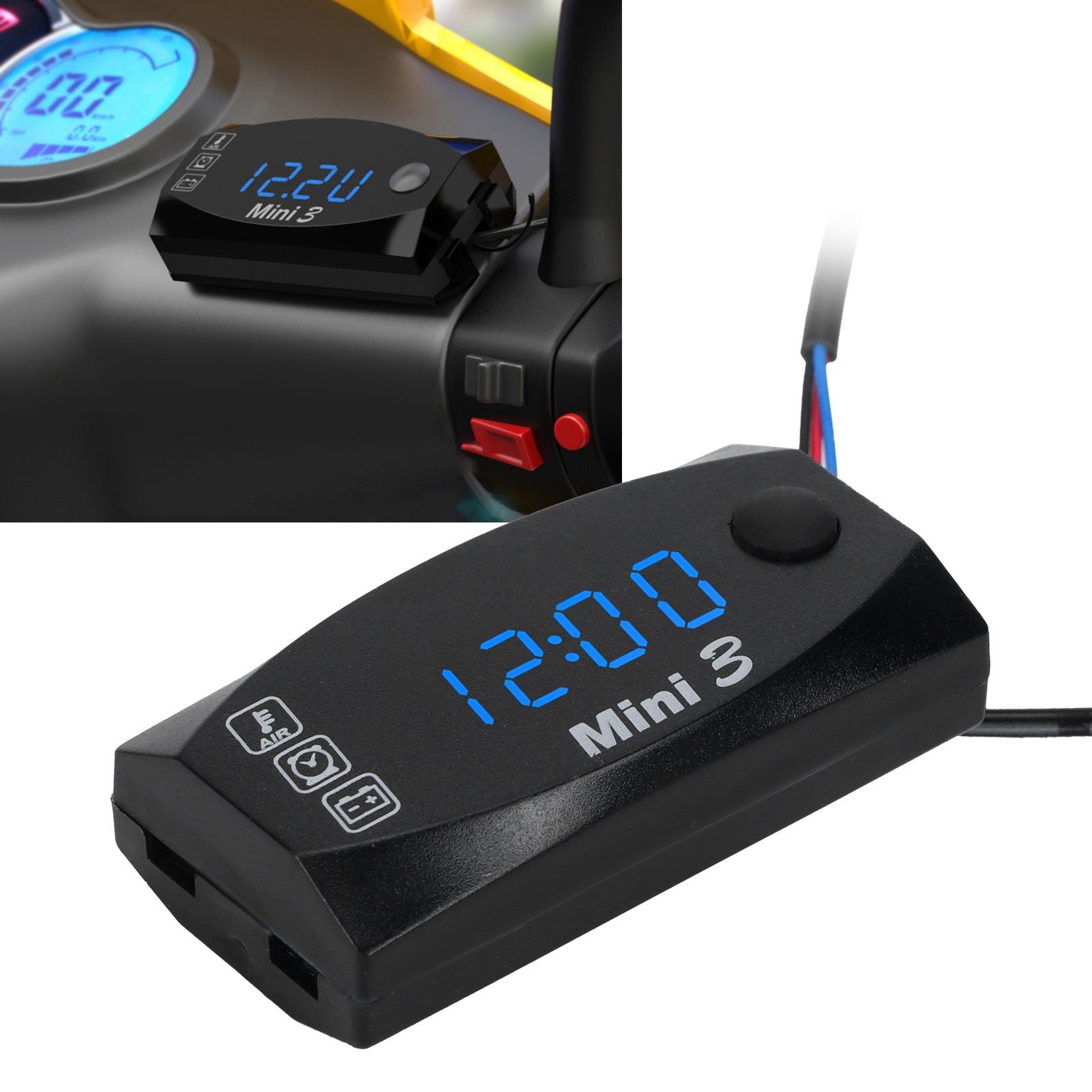 3 in 1 Waterproof LED Electronic Meter Motorcycle Digital Time Clock Thermometer VoltmeterBlue Light