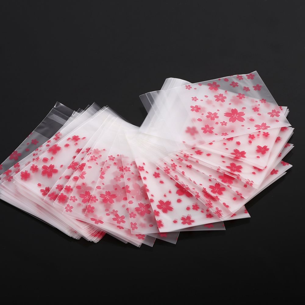 100Pcs/Pack Flower Pattern Wedding Plastic Cookie Biscuit Candy Bag (Oriental Cherry 7 x 7cm )