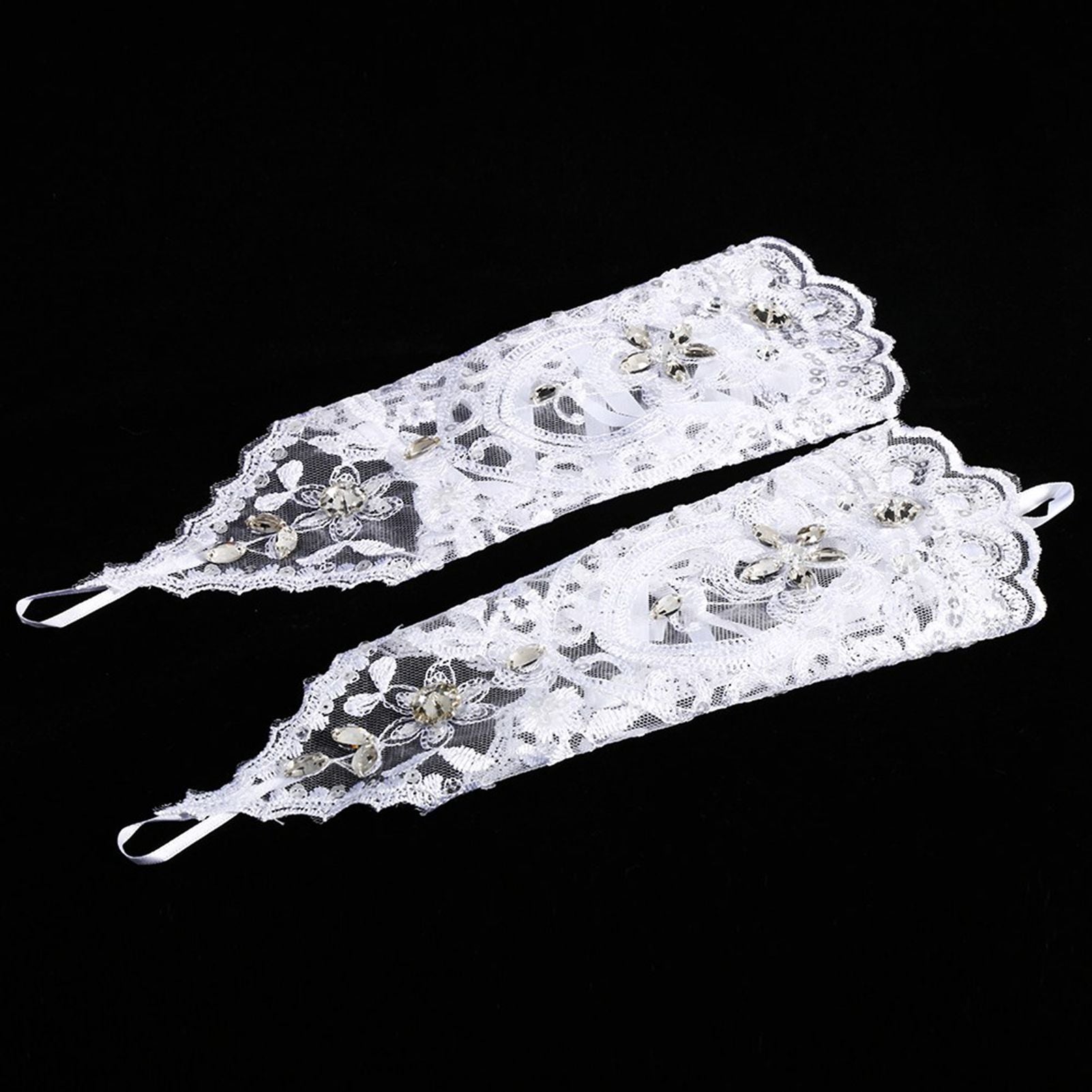Retro Syle Ivory Lace Flower Bride Bridal Rhinestone Sexy Fingerless Gloves Wedding White