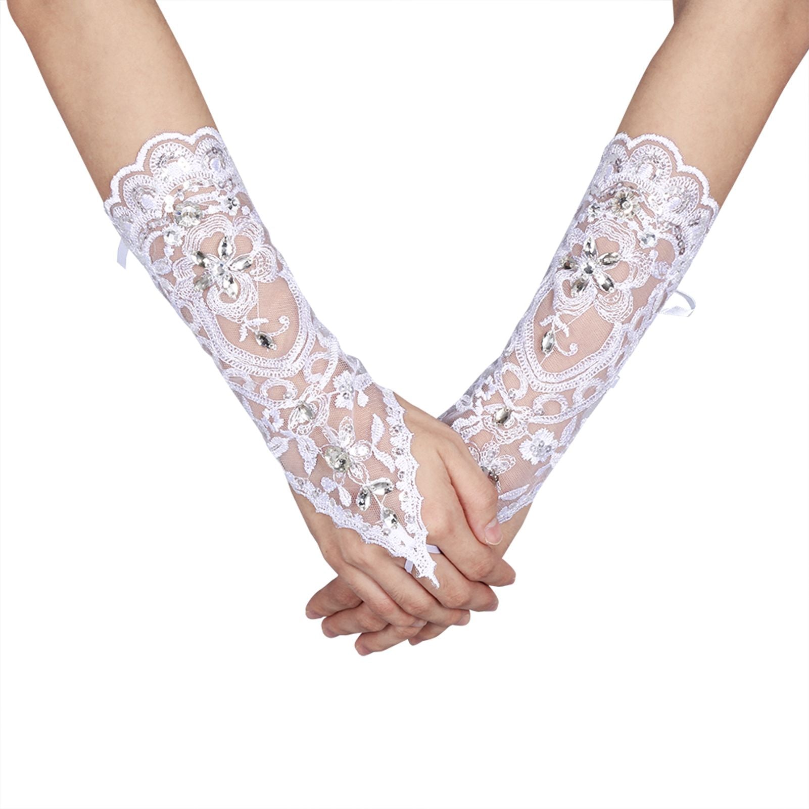 Vintage Syle Ivory Lace Flower Bride Bridal Rhinestone Sexy Fingerless Gloves Wedding Ivory