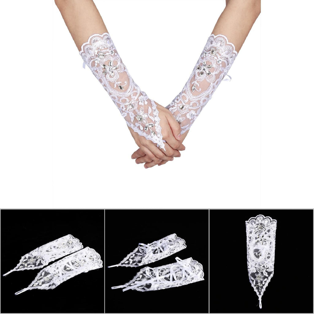 Vintage Syle Ivory Lace Flower Bride Bridal Rhinestone Sexy Fingerless Gloves Wedding Ivory