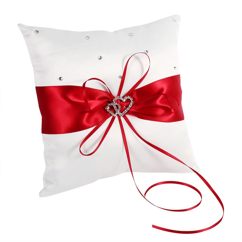 Wedding Ring Bearer Holder Pillow Cushion With Bowknot Stain Double Hearts Diamonds (Red)