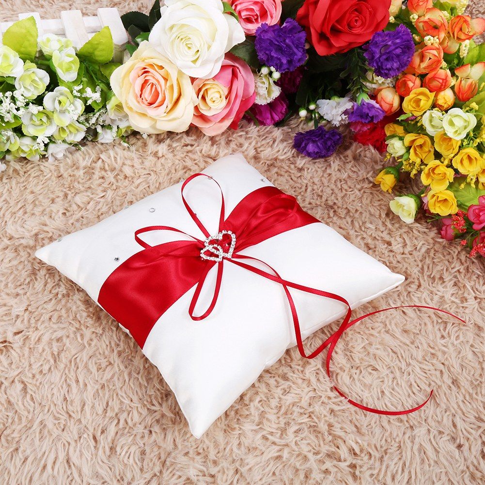 Wedding Ring Bearer Holder Pillow Cushion With Bowknot Stain Double Hearts Diamonds (Red)