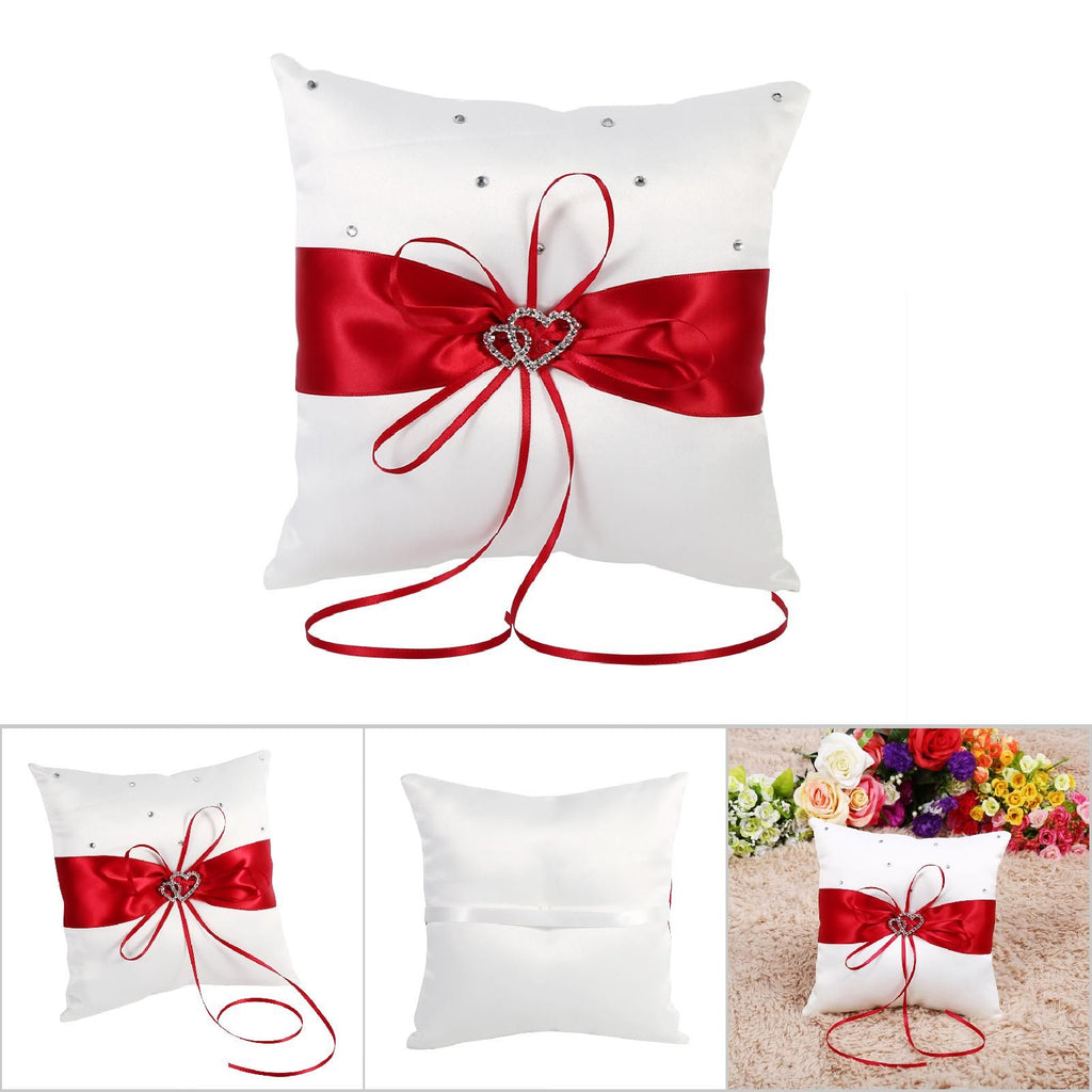 Wedding Ring Bearer Holder Pillow Cushion With Bowknot Stain Double Hearts Diamonds (Red)