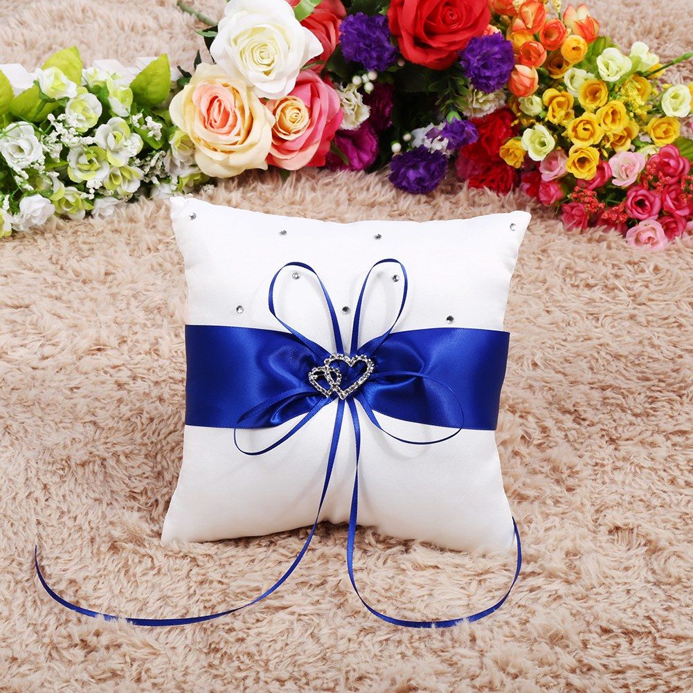 Wedding Ring Bearer Holder Pillow Cushion With Bowknot Stain Double Hearts Diamonds (Blue)