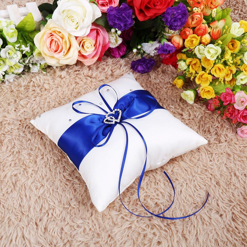 Wedding Ring Bearer Holder Pillow Cushion With Bowknot Stain Double Hearts Diamonds (Blue)