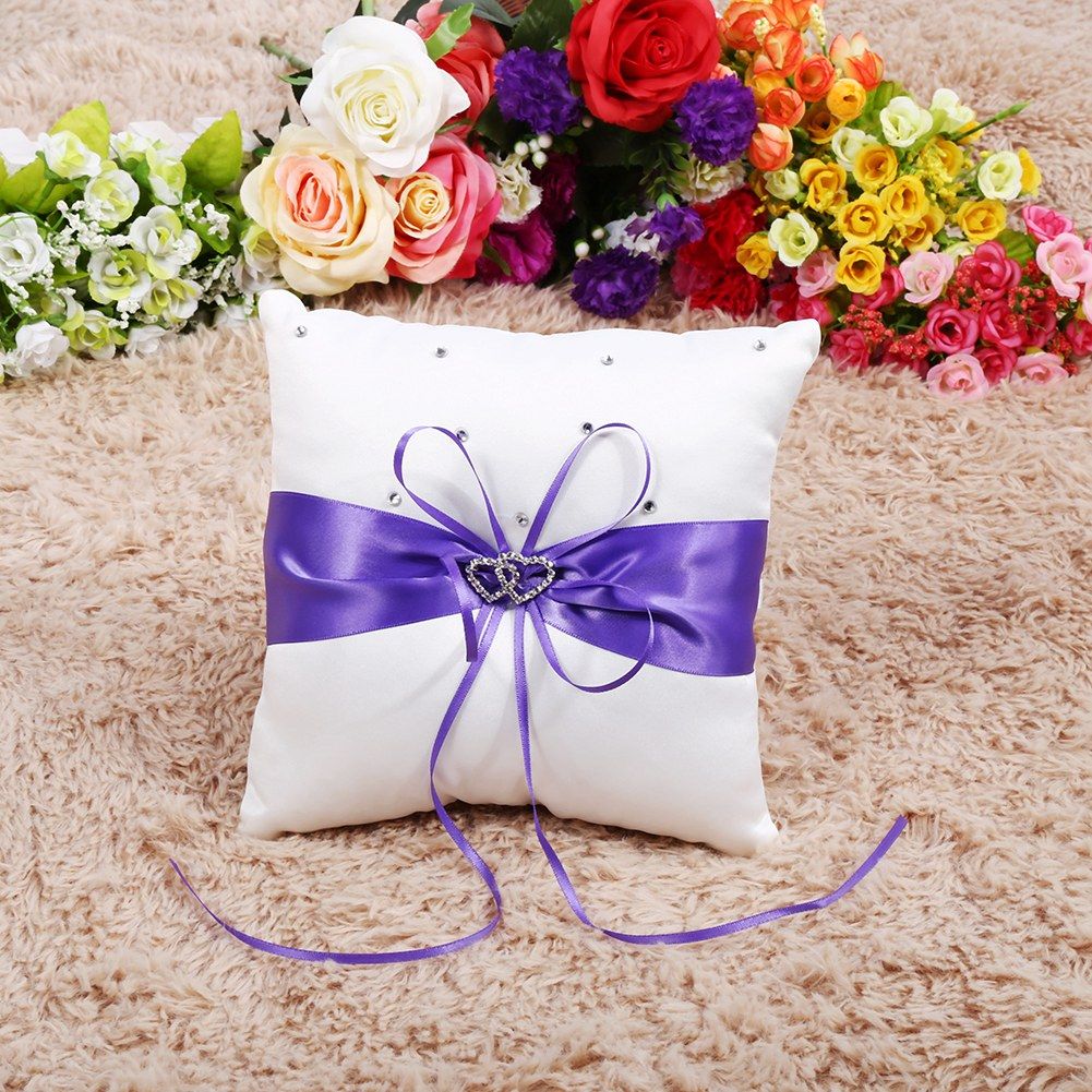 Wedding Ring Bearer Holder Pillow Cushion With Bowknot Stain Double Hearts Diamonds (Purple)