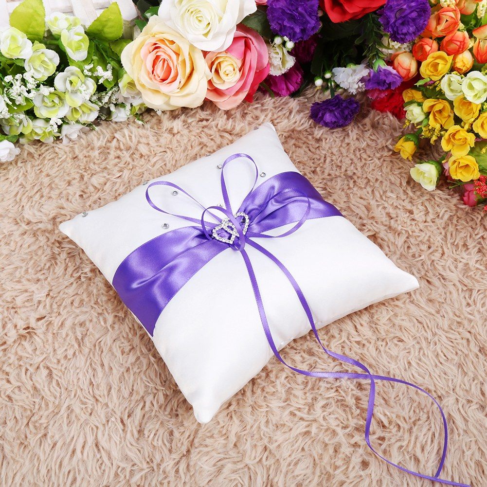 Wedding Ring Bearer Holder Pillow Cushion With Bowknot Stain Double Hearts Diamonds (Purple)