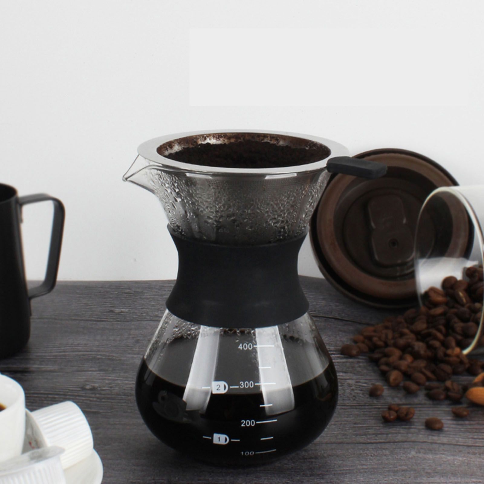 Manual Hand Drip Coffee Maker Glass Pot with Stainless Steel Filter
