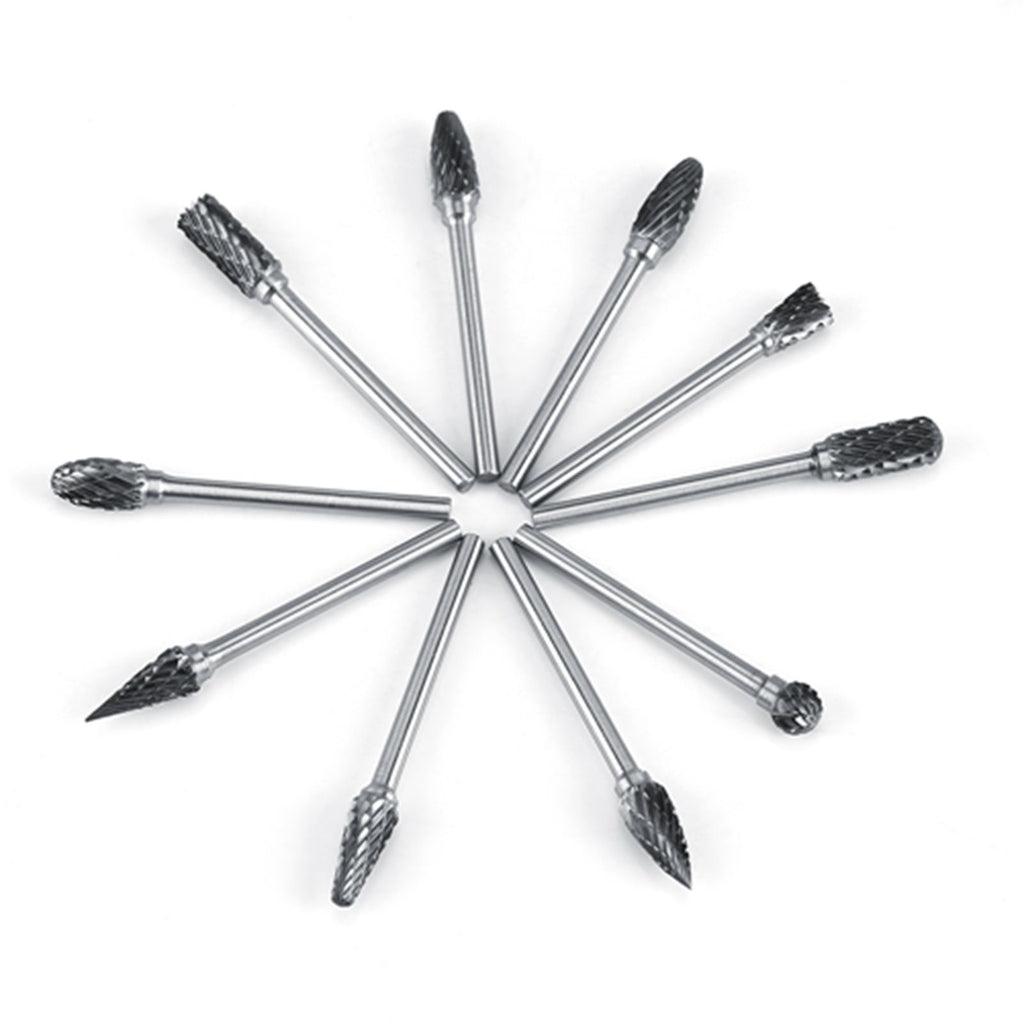 10pcs Tungsten Carbide Steel Rotary Files Burr Set 3mm Shank 6mm Cutting Diameter Double Cut