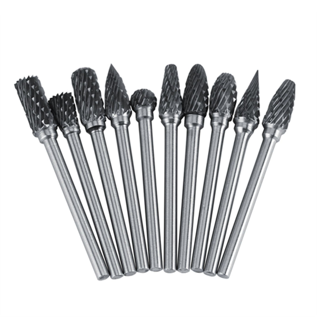 10pcs Tungsten Carbide Steel Rotary Files Burr Set 3mm Shank 6mm Cutting Diameter Double Cut