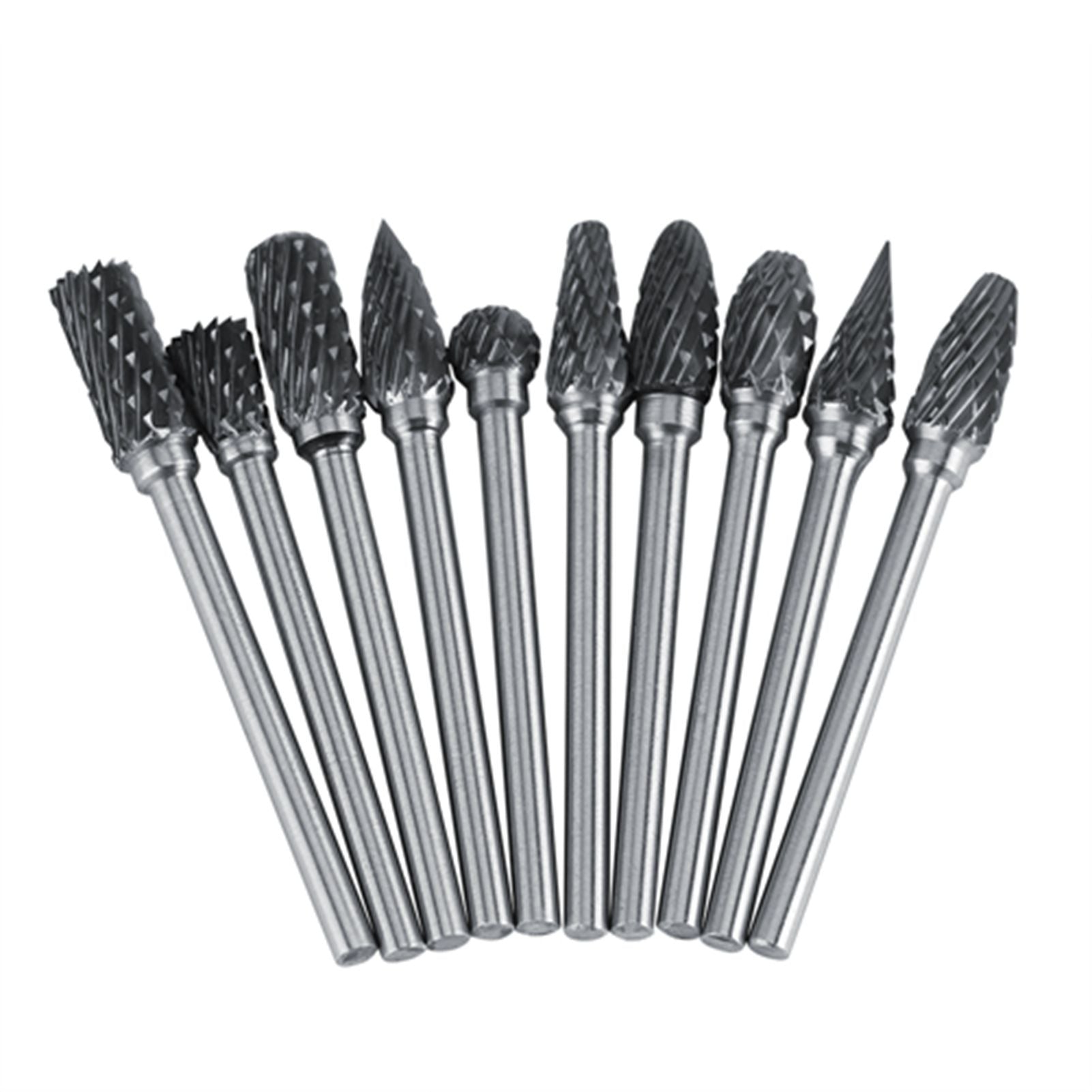 10pcs Tungsten Carbide Steel Rotary Files Burr Set 3mm Shank 6mm Cutting Diameter Double Cut